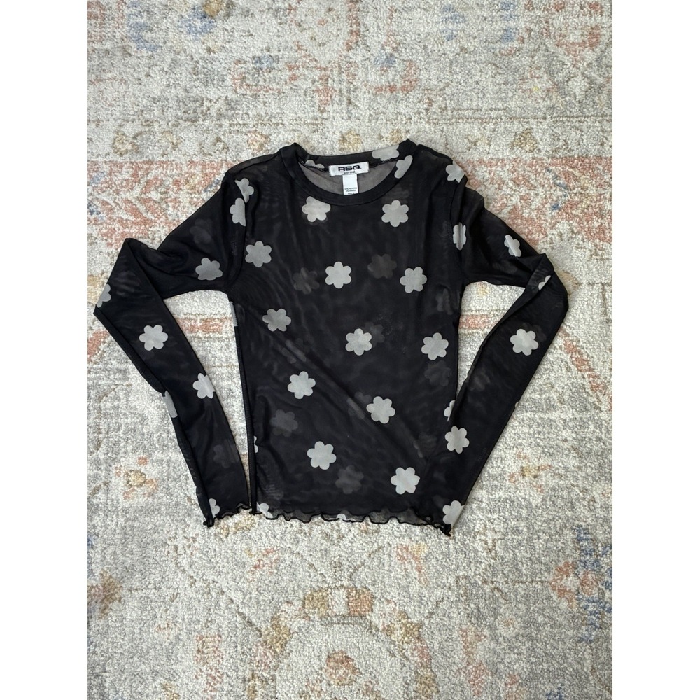 RSQ Y2K Skater Sheer Mesh Flower Print Long Sleeve Top Small Black-Whimsy Goth